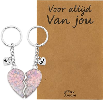 Koppel Sleutelhanger voor 2 'Voor altijd van jou' - Magnetisch Hartje - Sleutelhanger set op Cadeau Kaartje - Zilverkleurig - Persoonlijke Hanger - Pax Amare