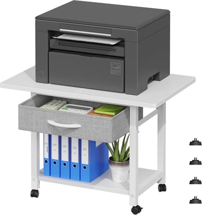 Printerkast met Wielen en Stoffen Lade - Rolbare Bureau Organizer voor Thuiskantoor (56x38 cm)