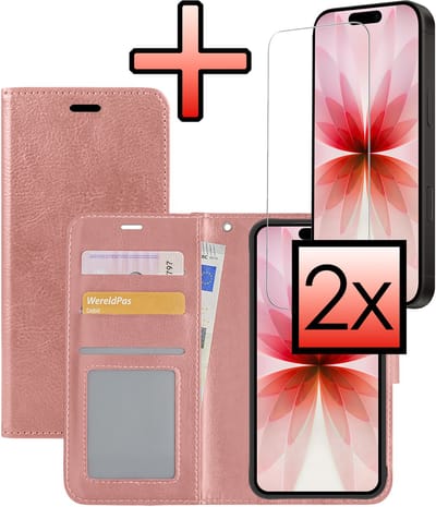 Hoesje - Met 2x Screenprotector - Geschikt voor Apple iPhone 17 - Luxe Pasjeshouder - Bookcase Portemonee - Flip Case - Kunstleer Book Case - Flipcase Hoes - Book Cover - Walletcase - Portemonneehoes - Rosé goud