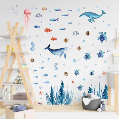 Muurdecoratie Onderwaterwereld met Walvis, Dolfijn, Zeewier en Zeeschildpad voor Kinderkamer en Badkamer
