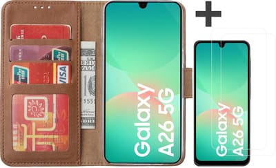 Hoesje met 2 Stuks Screenprotectors Geschikt voor Samsung Galaxy A26 – Arara bookcase met pasjeshouder - Bruin