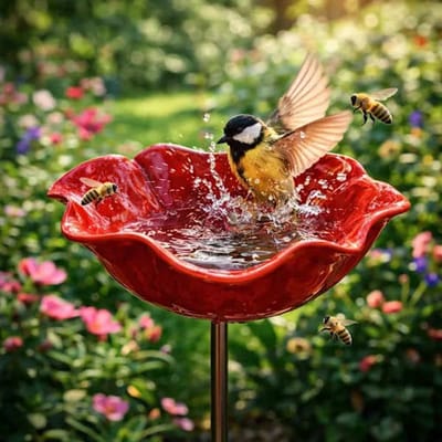 Ulisem - Vogelbadje - 2-stuks roestvrij staal - Vogelbad en drinkfontein - Bloemmotief - Weerbestendig en roestvrij - Voor tuin en terras - Geschikt voor vogels en bijen - Onderhoudsvriendelijk - Snel in gebruik