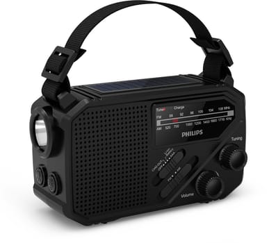 PHILIPS TAR1609 draagbare Noodradio FM/AM met interne oplaadbare batterij, back-up met AAA-batterij en handslinger, autovakantie, zonne-energie, ingebouwde led-lamp en zaklamp als noodradio survival emergency radio kamperen, wandelen, stroomuitval