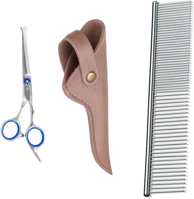 Professor Q – Uitdunschaar / Contourschaar – Professionele Hondenschaar – Voor Vachtverzorging & Trimmen met Luxe Lederen Etui – 16,5 cm – Brons + Anti-Klit Kam – Pijnloos & Huisdiervriendelijk