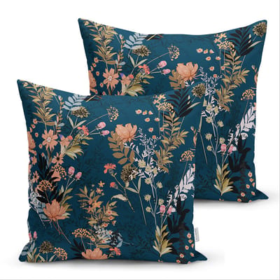 De Groen Home BLOEM - 45x45 cm - Sierkussen velvet set van 2 - Bloemen op donkerblauw - Inclusief binnenkussen