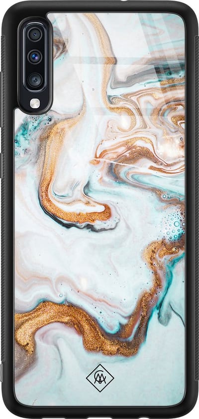 Casimoda® hoesje - Geschikt voor Samsung Galaxy A50 - Goud Blauw Marmer - Luxe Hard Case Zwart - Backcover telefoonhoesje - Blauw