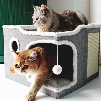 Opvouwbare Kattengrot voor Binnenkatten met Kraskussen - Anti-Angst Kattenhuis met Zachte Kussenmat - Grijs