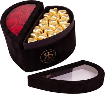 Chocolade box Mary J rood goud - Ruim assortiment aan Luxe & Handgemaakte cadeaus - Verras op een speciale manier - 2 jaar houdbare rozen!