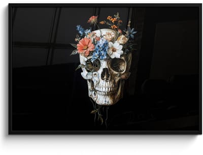 Poster in lijst - Fotolijst 120x80 cm - Posters - Bloemen - Schedel - Kleurrijk - Posterlijst zwart - Decoratie - Wanddecoratie woonkamer - Muurdecoratie slaapkamer