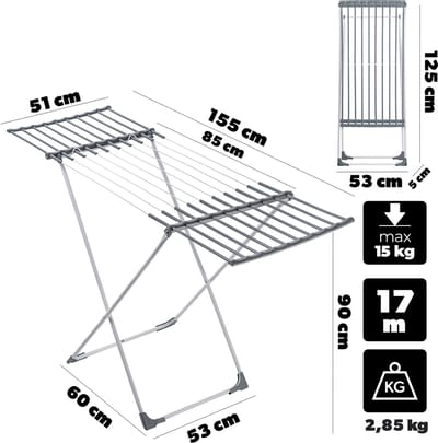 KADAX Uitschuifbaar droogrek met 17m droogoppervlak, Flexibele breedte van 85-155 cm, Groot droogrek voor binnen buiten (wit/grijs, 155 x 53 x 90 cm)