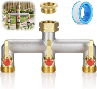 3-weg waterverdeler van messing met verlengde handgreep, ideaal voor huis, tuin en wasmachine, inclusief adapter van 1/2 inch naar 3/4 inch voor optimale waterverdeling