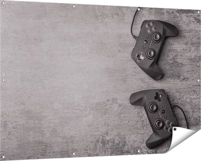 Gards Tuinposter Twee Game Controllers op Tafel - Gaming - 150x100 cm - Tuindoek - Tuindecoratie - Wanddecoratie buiten - Tuinschilderij