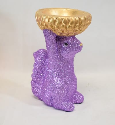 Daan Kromhout - eekhoorn - glitter - paars - aardewerk - met goud schaaltje - H17 x Br 10 x L8 cm - waxinelichtjeshouder