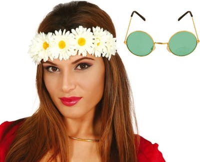Fiestas Flower Power verkleed accessoires dames - Bloemen hoofdband - Hippie bril ronde glazen in het groen thema - Sixties thema