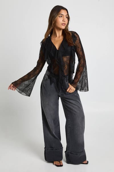 boohoo Transparante kanten blouse met ruches | Zwart | Maat: 36