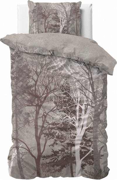 1-persoons dekbedovertrek (dekbed hoes) taupe – bruin met bomen, takken, bladeren, dennenbomen (spar) in bos / natuur (contour) KATOEN eenpersoons 140 x 220 cm (LUXE beddengoed slaapkamer)