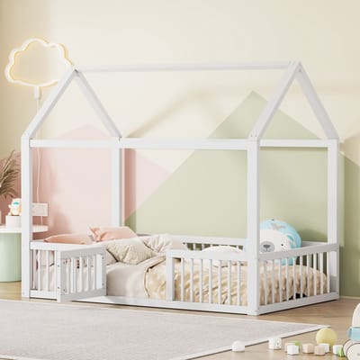 Sweiko Kinderbed 90*200cm massief houten bed, Eepersoonsbed, flatbed, huisbed, huisbed met deur, Wit