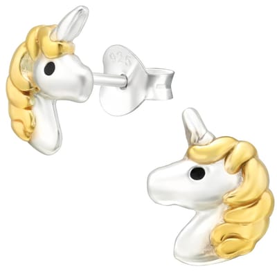 Joy|S - Zilveren eenhoorn oorbellen - 7 x 9.5 mm - zilver met gold plated (goudkleur) manen - unicorn oorknoppen