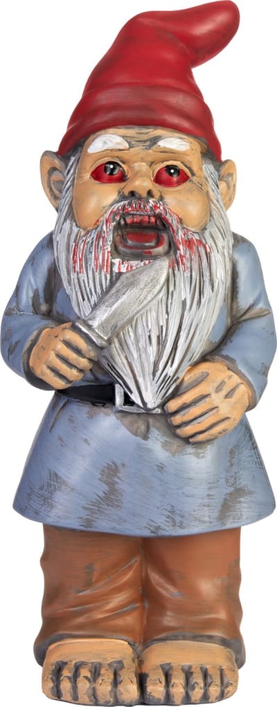 BRUBAKER Tuinkabouter Zombie - Griezelige Kabouter met Mes en Bloed - Halloween Tuinbeeldje - Grappige Decoratie Weerbestendig voor Camping - Horror Tuindecoratie voor Buiten - 24 cm hoog