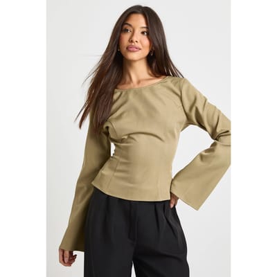 boohoo Dames Top met schuine hals en uitlopende mouwen | Olive | Maat: 10