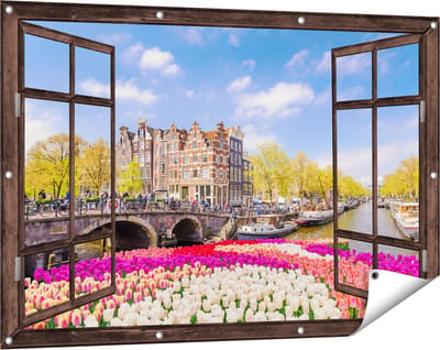 Gards Tuinposter Doorkijk Amsterdamse Huisjes aan de Grachten - 120x80 cm - Tuindoek - Tuindecoratie - Wanddecoratie buiten - Tuinschilderij