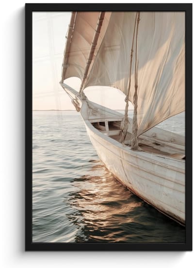 Poster in lijst - Fotolijst 40x60 cm - Posters - Zeilboot - Zee - Beige - Zon - Posterlijst zwart - Decoratie - Wanddecoratie woonkamer - Muurdecoratie slaapkamer
