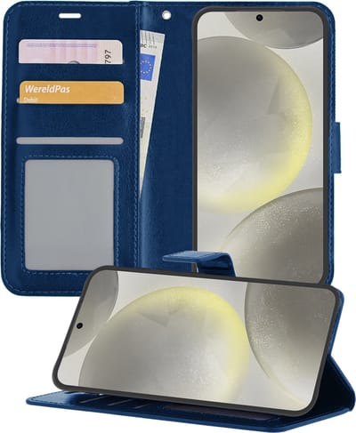 Hoesje - Met Pasjeshouder - Geschikt voor Samsung Galaxy S24 - Luxe Bookcase Portemonee - Flip Case - Kunstleer Book Case - Flipcase - Book Cover - Walletcase - Portemonneehoes - Telefoonhoesjes - Donkerblauw