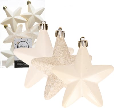 Decoris kersthanger sterren - 6x st - wol wit - 7 cm - kunststof - kerstornamenten - kerstversiering