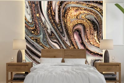 Behang - Fotobehang Marmerlook - Goud - Glitter - Luxe - Marmer - Wit - Breedte 240 cm x hoogte 240 cm