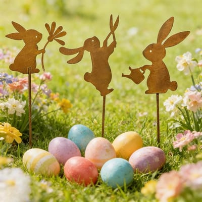 Drie Delige Tuindecoratie met Paashaas, Weerbestendige Metalen Plantenstaken voor Buiten, Perfect voor Pasen en Lente, Tuinaccessoires en Decoratie