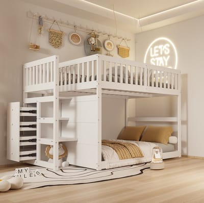 MEUNIQ stapelbed 140 x 200 cm met trap en 4 lades, hoge veiligheidshekken, laag kinderbed voor kinderkamer, houten bedframe, wit