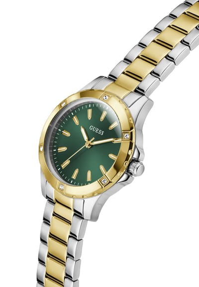 Guess Mist Quartz Analoog Horloge Zilverkleurig En Goudkleurig Kast Gemaakt Van 100% Roestvrij Staal En Een Band Van 100% Roestvrij Staal 35 GW0948L7, GW0948L8