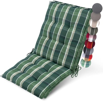 Beautissu Sun-NL – Set van 2 Premium Lage Rugleuning Kussen 100x50 cm - UV-bestendig & 8cm Dik Kussen Tuinstoelkussen Antislip Bevestigingsbanden – Stevige Stof Groen Ruit Gestreept