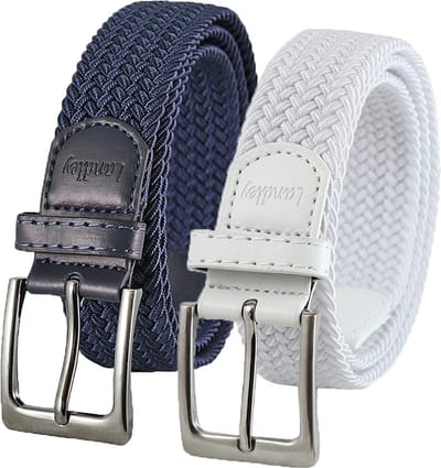 Landley Elastische Gevlochten Stretch Riemen Duopack - Voordeelset met 2 riemen - Dames en Heren - Blauw en Wit - Lengte totaal 100 cm / Riemmaat 85
