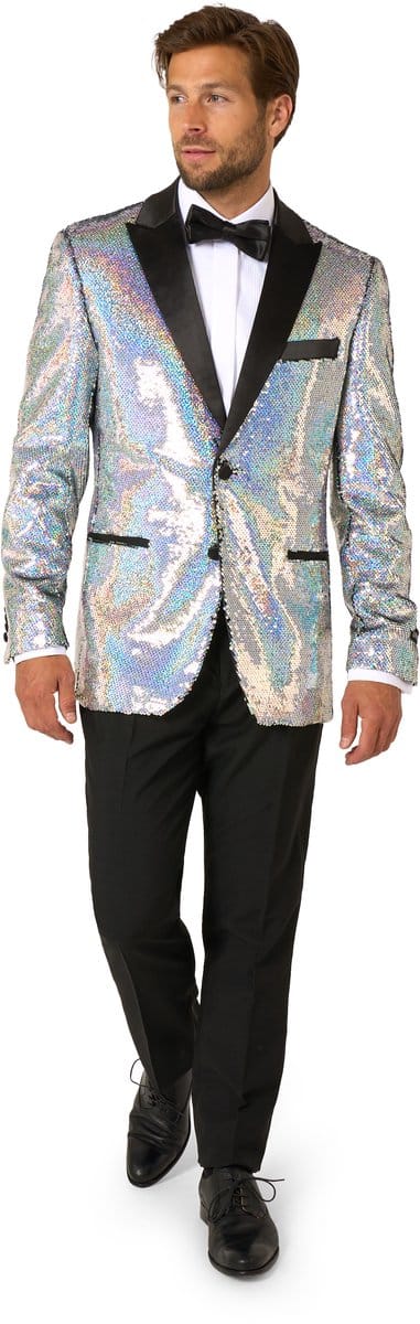 OppoSuits Holographic Sequins Tuxedo - Mannen Pak - Heren Kostuum - Glitter Tuxedo - Zilver - Maat EU46