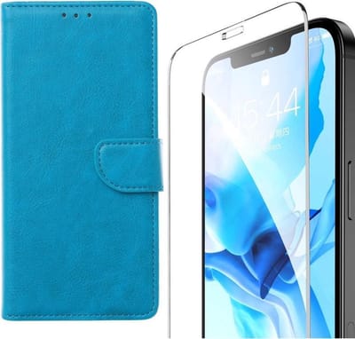 Telefoonhoesje Geschikt voor: iPhone 12 Pro - Bookcase Turquoise - portemonee hoesje + 2X Tempered Glas Screenprotector