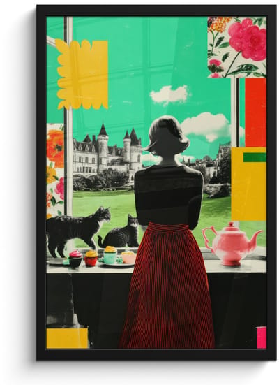 Poster in lijst - Fotolijst 40x60 cm - Posters - Vrouw - Keuken - Katten - Doorkijk - Posterlijst zwart - Decoratie - Wanddecoratie woonkamer - Muurdecoratie slaapkamer