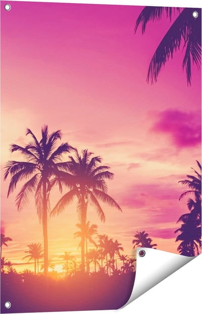 Gards Tuinposter Tropische Palmbomen met Zonsondergang - 60x80 cm - Tuindoek - Tuindecoratie - Wanddecoratie buiten - Tuinschilderij
