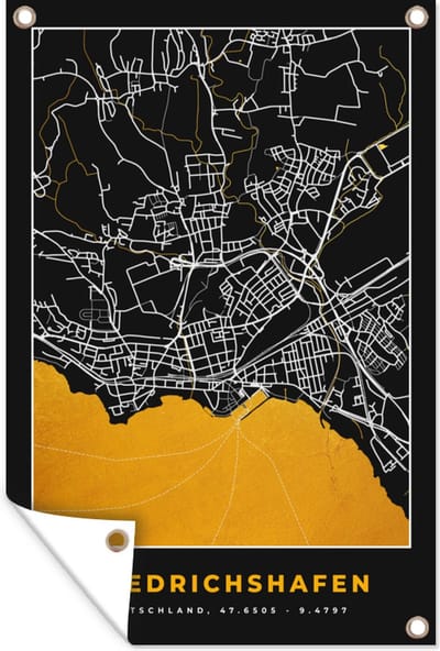 Muurdecoratie Stadskaart – Plattegrond – Duitsland – Goud – Friedrichshafen – Kaart - 120x180 cm - Tuinposter - Tuindoek