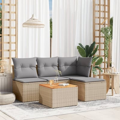 vidaXL - 5-delige - Loungeset - met - kussens - poly - rattan - beige