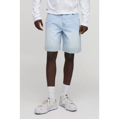 Ontspannen Denim Shorts Met Parelversiering | Light Blue | Size 34