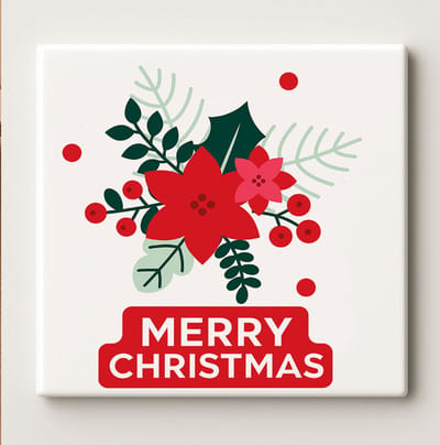 Vrolijk Kerstmis Bloemen Decoratieve Tegel 15x15 cm – Poinsettia & Hulst Kerst Ontwerp – Elegante Kerst Wanddecoratie