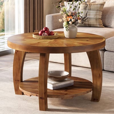 LITTLE TREE Salontafel - Ronde Tafel - Massief Hout - Bruin - 80 x 80 x 50 cm - 2 Lagen Opberg - Eenvoudig Monteren - Voor Woonkamer