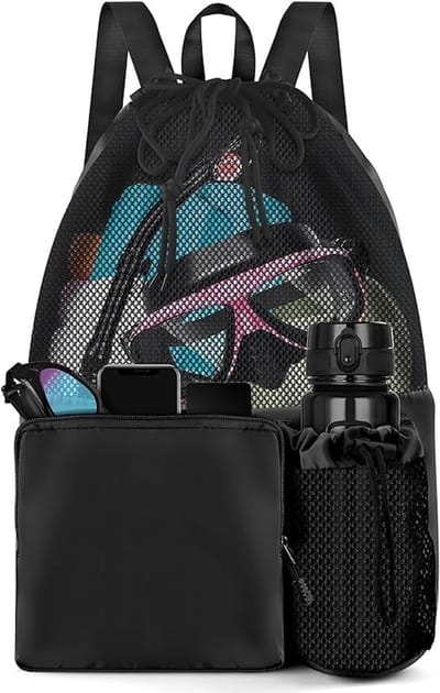 Mesh Strandrugzak met Natte Pocket - Lichtgewicht Zwem- en Gymtas voor Mannen en Vrouwen-zwart