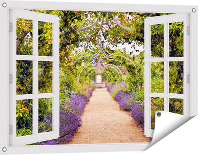 Gards Tuinposter Doorkijk Lavendel Pad - 90x60 cm - Tuindoek - Tuindecoratie - Wanddecoratie buiten - Tuinschilderij