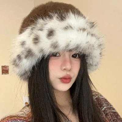 Mode Femme Hiver Protection Oreilles Peluche Imprimé Léopard Casquette Coupe-vent Garde au Chaud Couvre-chef Fourrure Moelleuse Chapeau Pêcheur pour Femme Chapeau One Size