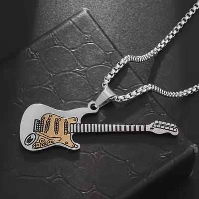 Nouvelle Tendance Mode Collier Pendentif Guitare Bicolore Bijoux Acier Inoxydable Hommes et Femmes gray