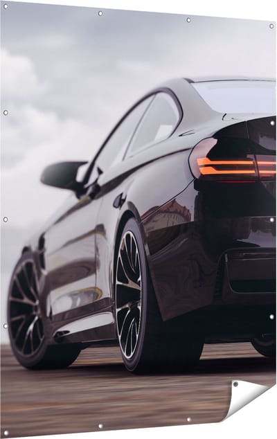 Gards Tuinposter Zwarte Sportwagen Auto van Achter - 120x160 cm - Tuindoek - Tuindecoratie - Wanddecoratie buiten - Tuinschilderij