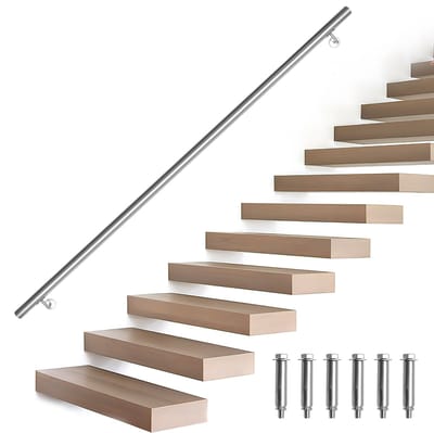 Trapleuning 180 cm Ø 42 mm Roestvrij staal leuning zilver reling wandleuning, voor wandtrap, voor binnen en buiten, inclusief wandhouder en eindkappen