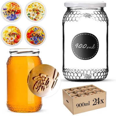 KADAX inmaakpotten 900 ml TO82, grote potten met schroefdeksel, inmaakpotten en fermentatiepotten voor komkommers, groenten en zuurdesem (Bunte Biene, 24 stuks)